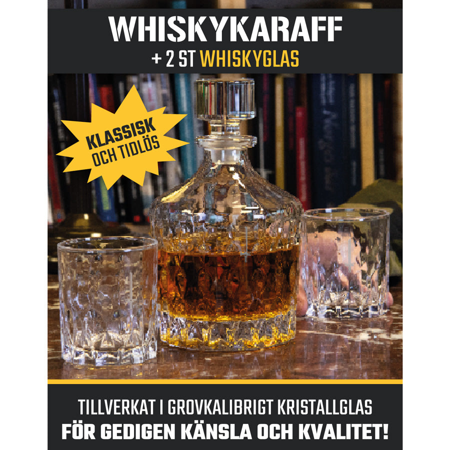 Whiskykaraff m/23 + två whiskyglas (överskottsvara, klass 1)
