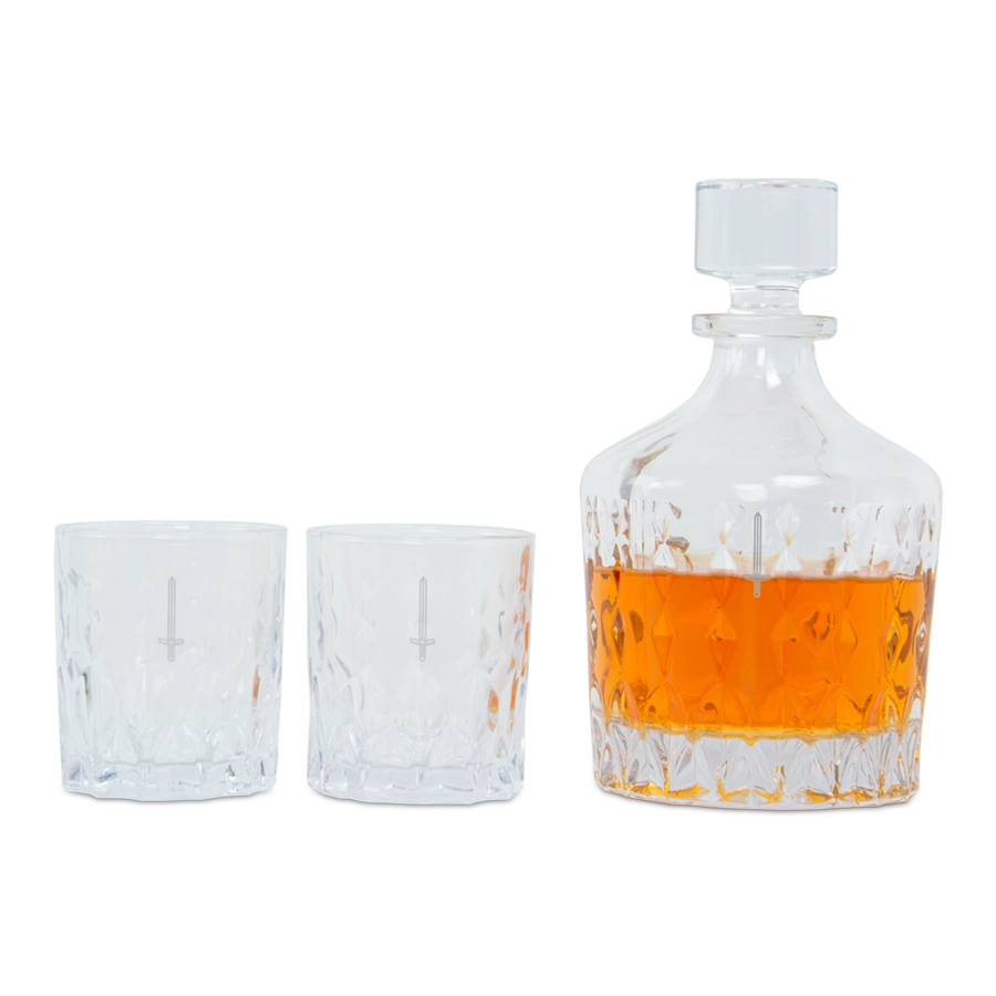 Whiskykaraff m/23 + två whiskyglas (överskottsvara, klass 1)