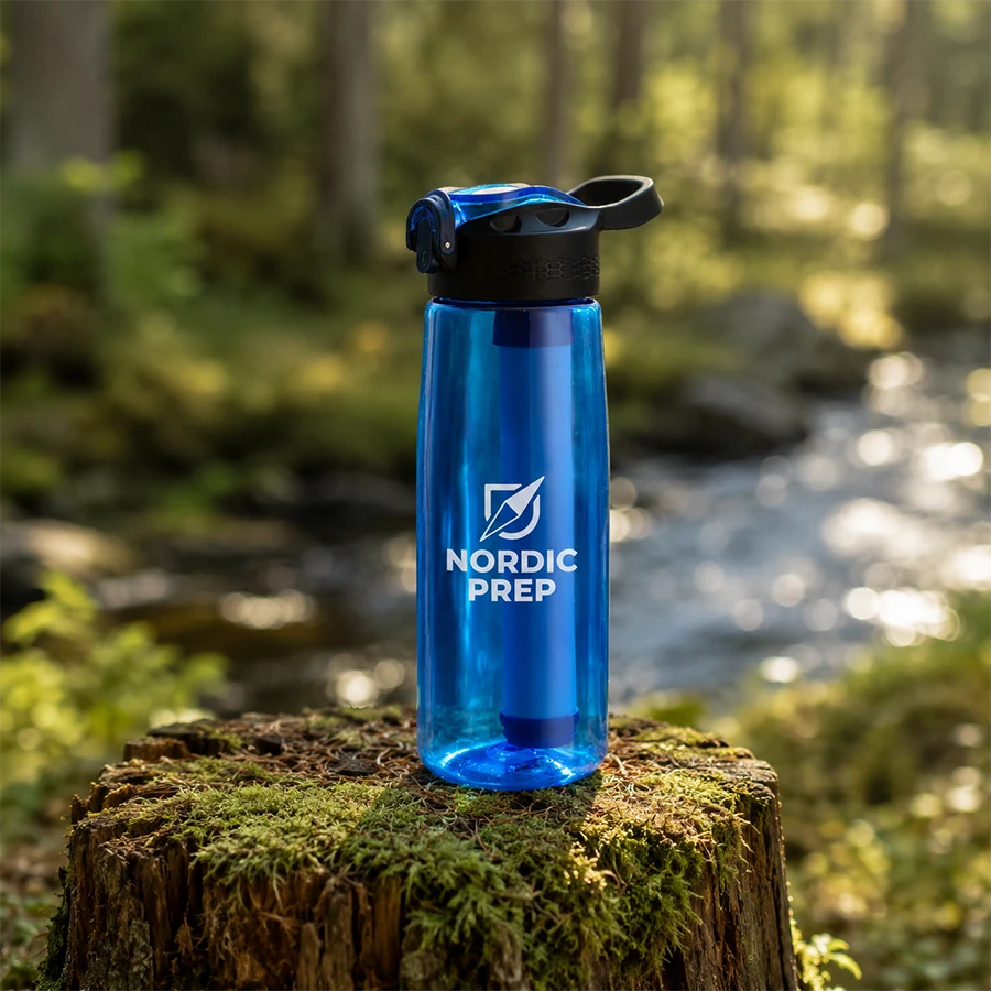 Blå dricksflaska med vattenreningsfilter från Nordic Prep stående på en mossig stubbe i en skog med en rinnande bäck i bakgrunden.