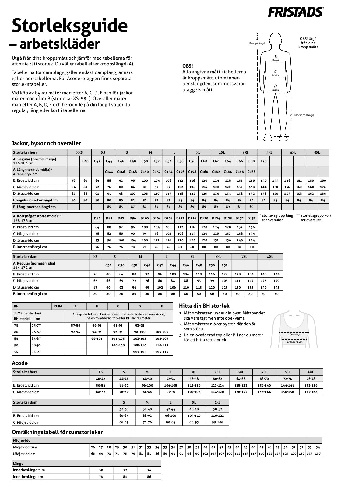 Fristads – Storleksguide arbetskläder