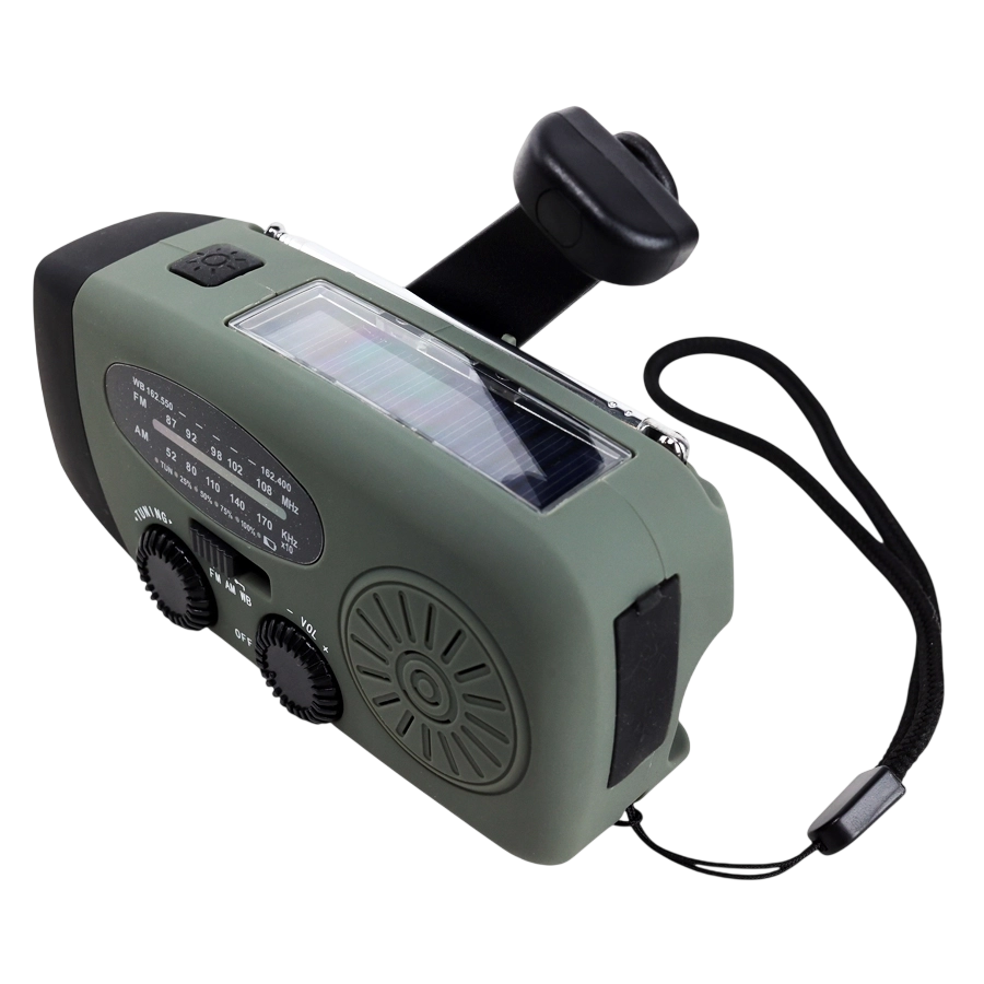 Nödradio med dynamovev, solceller och powerbank