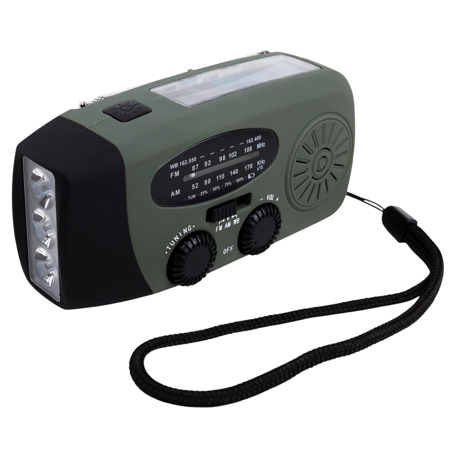 Nödradio med dynamovev, solceller och powerbank