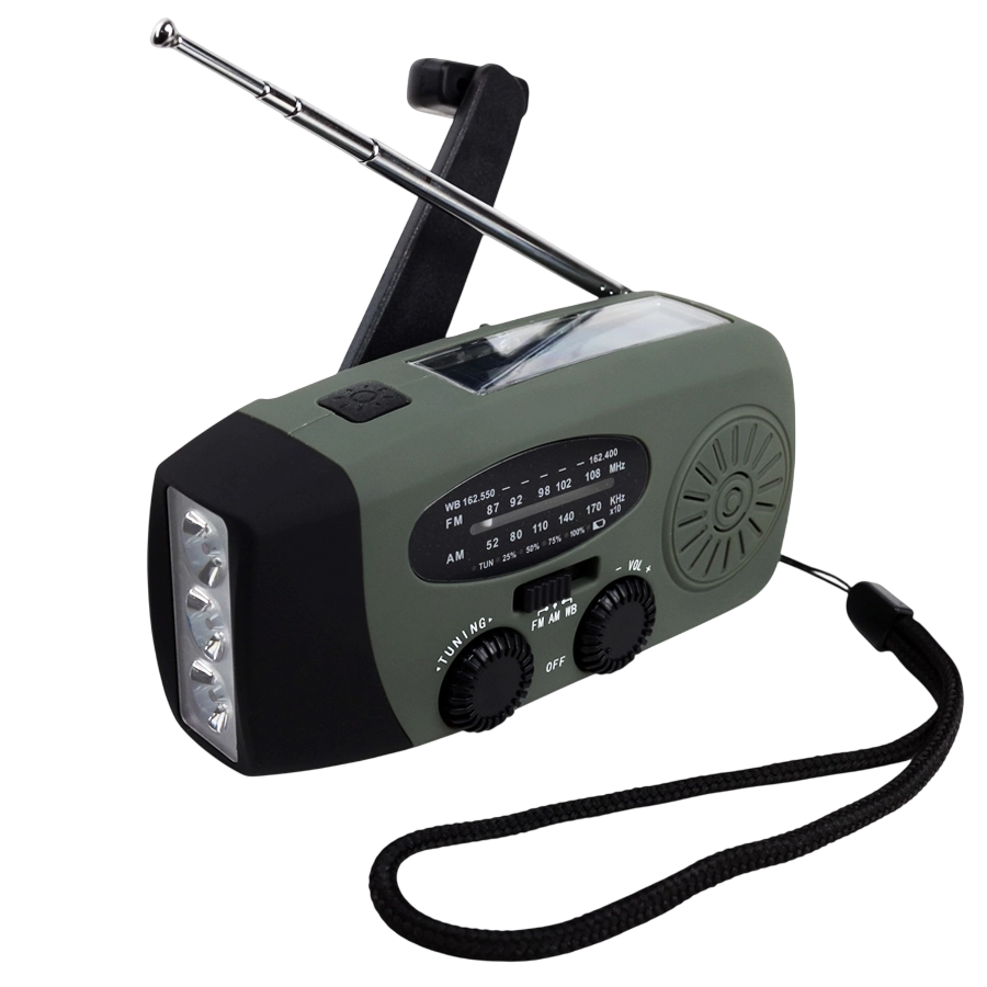 Nödradio med dynamovev, solceller och powerbank
