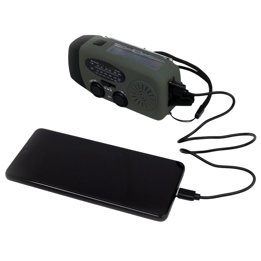 Nödradio med dynamovev, solceller och powerbank