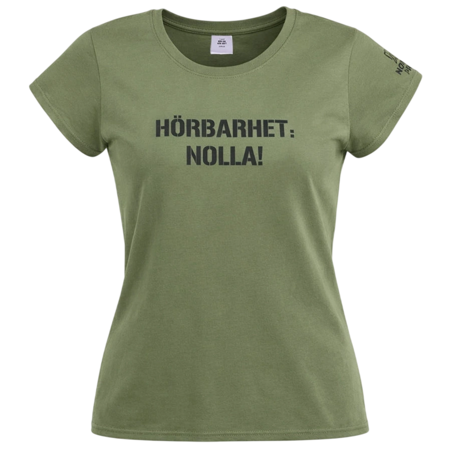 T-shirt dam armégrön vuxen med tryck "Hörbarhet:
 nolla!"